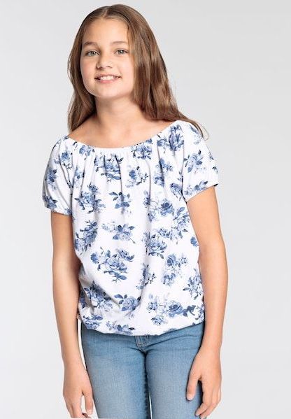 KangaROOS Carmenshirt »Kangaroos Mädchen«, Kurzarm, dynamische Passform, Allover-Druck, Carmenausschnitt