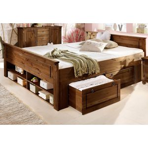 Home affaire Massivholzbett »Tessin, Stauraumbett, Landhausstil, Schubladen optional, rustikal«, (Breite/Belastbarkeit 180cm/220 KG, 140cm/180 KG), zertifizierte Kiefer, Kassetten-Optik, stabile Qualität