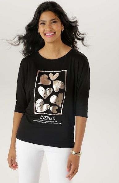 Aniston SELECTED 3/4-Arm-Shirt, mit goldfarbigen Herzen und Statementspruch - NEUE KOLLEKTION