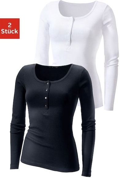 H.I.S Langarmshirt »mit kurzer Knopfleiste«, (2er-Pack), aus modischer Rippqualität
