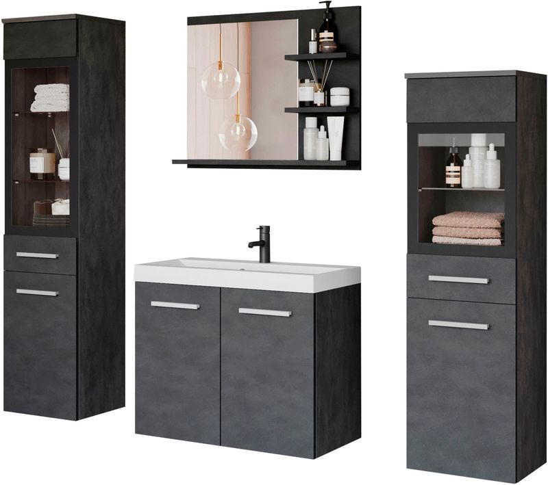 welltime Badmöbel-Set »MADRIT«, (Komplett-Set, 4 St., mit Waschbecken), Waschtisch inkl. Waschbecken, Badschrank, Hochschrank, Spiegel