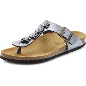 LASCANA Zehentrenner »Sandale, Pantolette, offener Schuh, Sommerschuh,«, mit modischer Applikation und Komfortkorkfußbett aus Leder