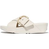 Fitflop Pantolette »LULU RESIN-BUCKLE LEATHER CROSS SLIDES«, Plateauschuh, Sandale in schmaler Form