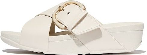 Fitflop Pantolette »LULU RESIN-BUCKLE LEATHER CROSS SLIDES«, Plateauschuh, Sandale in schmaler Form