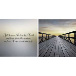 queence Leinwandbild »Weg in die Zukunft«, Steg-Sonnenaufgang-Himmel-Kunst-Modern-Spa-Spa Bilder-Sprüche-Sprüche & Texte-Schriftzug-Schriftzüge, (Set), Premium-Leinwandstoff, Handarbeit aus Deutschland, Spruch, 2er Set
