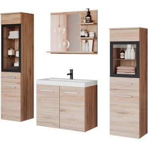 welltime Badmöbel-Set »MADRIT«, (Komplett-Set, 4 St., mit Waschbecken), Waschtisch inkl. Waschbecken, Badschrank, Hochschrank, Spiegel