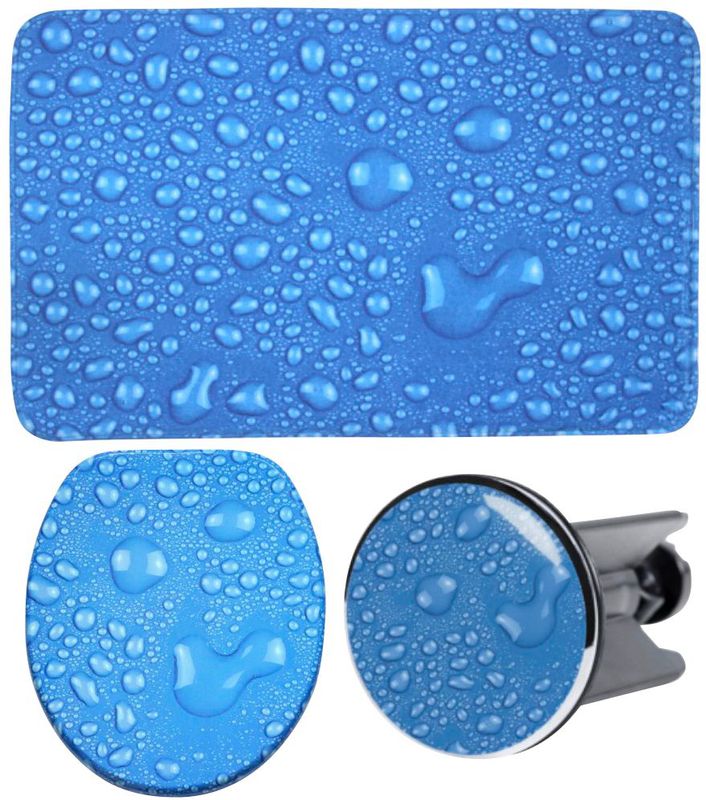 Sanilo Badaccessoire-Set »Tautropfen Blau«, (Komplett-Set, 3 tlg.), bestehend aus WC-Sitz, Badteppich und Waschbeckenstöpsel