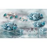 Papermoon Fototapete »Blumen mit Vögeln weiß blau«