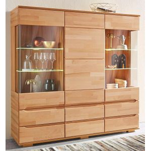Home affaire Highboard »Vetro,150cm breit,40 cm tief,Fronten Massivholz,9 Fächer«, Kernbuche massiv, Holzwerkstoff, 3Türen,6 Schubladen, Griffmulden