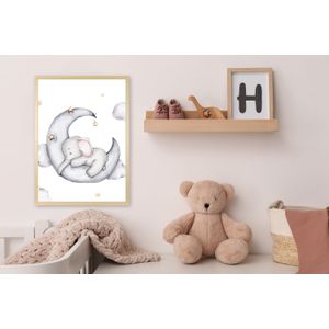 queence Bild mit Rahmen »Elefant auf Halbmond«, Bilder vom Sternenhimmel-Elefant-Elefanten-Elefanten Bilder-Himmel-Himmelsbilder-Stern-Sterne-Tiere-Wolken, (1 St.), HD Premium Posterdruck mit Echtholzrahmen