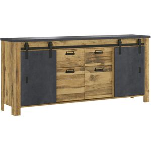 Home affaire Sideboard »York, moderner Schrank, Kommode in Hunton Oak Dekor, Industrialdesign«, mit Scheunentorbeschlägen & Apothekergriffen aus Metall, 201 cm breit