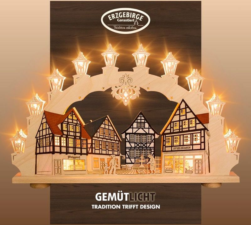 Weigla Schwibbogen »Altstadt, Fachwerkhaus, Lichterbogen aus Holz«, Erzgebirge garantiert, Weihnachtsdeko Innen, Weihnachtsbeleuchtung