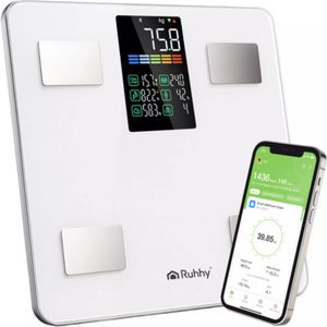 Ruhhy - Slimme Analyse Personenweegschaal - Wit - 226 kg - LCD-display en Feelfit app