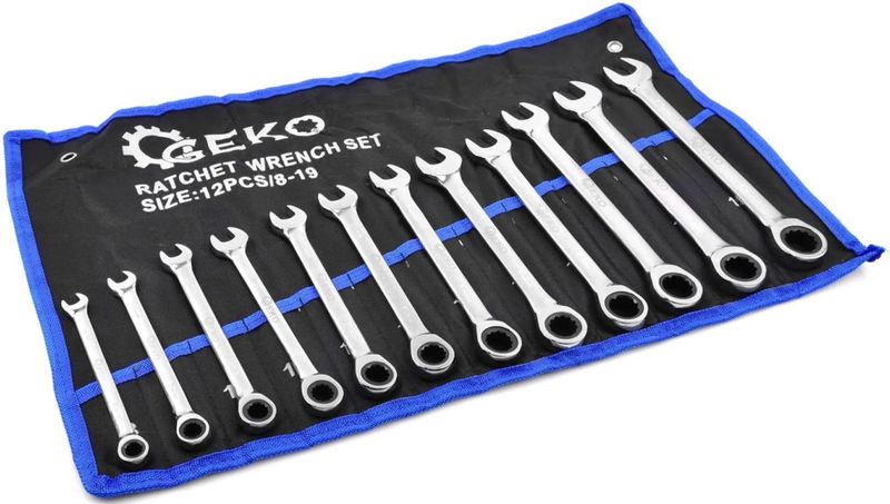 GEKO - 12-delige Ratelsleutelset - Chroom-vanadiumstaal - Fijnvertande Ratel
