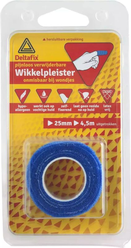 Deltafix Wikkelpleister - 4,5 m x 25 mm - Blauw - Flexibele ondersteuning - Medisch en non-medisch gebruik