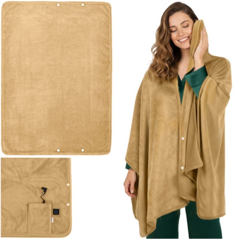 Ruhhy Verwarmde fleece deken beige met USB aansluiting knopen en draagfunctie als omslagdoek of plaid
