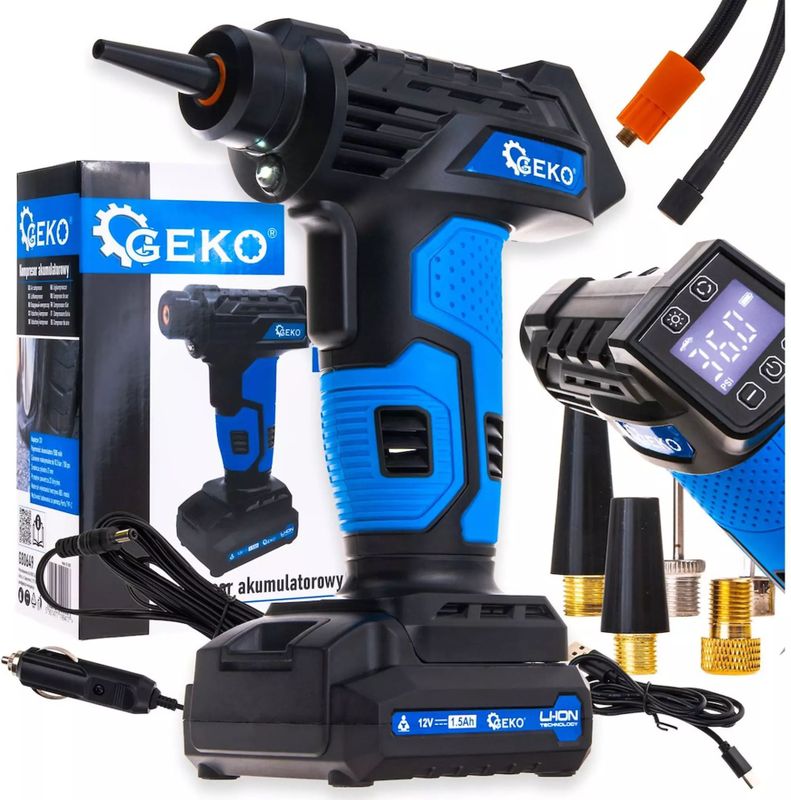 GEKO Accu luchtcompressor 12V - kunststof en metaal - digitaal display, tot 10,3 bar - 21 x 15 x 8 cm - zwart - voor auto-, motor- en fietsbanden en ballen