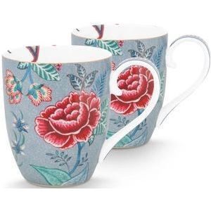 Pip Studio - Flower festival - Set van 2 mokken - XL - lichtblauw - 450ML