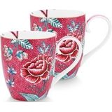 Pip Studio Flower Festival Dark Pink - mokken set/2 - 450ml -  porselein - roze - bloemen