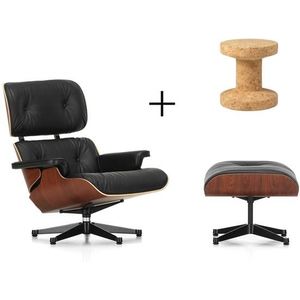 Vitra Eames Fauteuil Santos Palissander/ Zwart Leer Met Poef + Kurken Family Kruk Model B