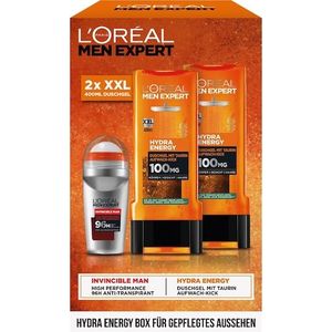 L'Oréal Paris Men Expert Collection Hydra Energy Hydra Energy Box Wake-Up Kick Douchegel 2 x 400 ml + 96H Deodorant Roll-On Invincible Man 50 ml