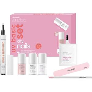 Alessandro Nagels Striplac UV Colour UV Basic Set Dry Nails UV Colour 103 Pretty Ballerina 6.5 ml + UV Top Coat 001 Clear 6.5 ml + 1x Polijstvijl + 1x Hoof Stick + 10x Prep & Shine Sachets + Peel Off Remover 6.5 ml + 1x Care & Gloss Pen 2.8 ml 1 Stk. (€ 35,93 / 1 stuks)