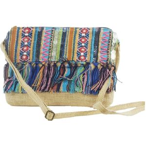 Cross body tasje van naturel jute met geborduurde rand