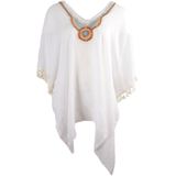 Witte kaftan met versierde hals en kwastenfranje