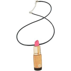 Ketting met houten roze lippenstift hanger