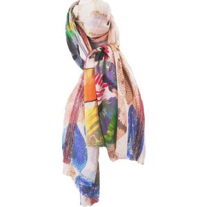 Sjaal met multicolor print van mozaïek-vormen en zwanen