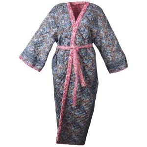 Lange gewatteerde kimono jas in roze en blauw