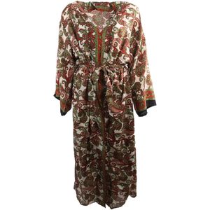 Lange zijde-blend kimono met paisley print groen-rood