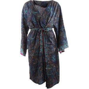 Zijde-blend kimono in donkerblauw met paisley print