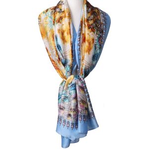 Zijde-blend sjaal in lichtblauw met mixed print
