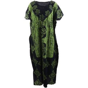 Zwarte katoenen kaftan met batik print in limegroen