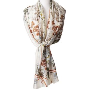Zijde blend sjaal in ecru met geïllustreerde bloemenprint