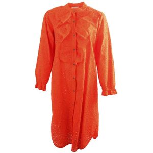 Broderie jurk met ruches in oranje