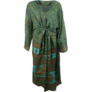 Turquoise lange zijde-blend kimono met paisley