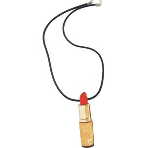 Halsketting met uit hout gesneden rode lippenstift hanger