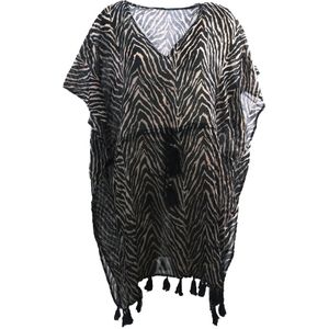 Korte kaftan met zebraprint en kwasten franje