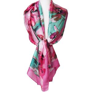 Zijde-blend sjaal met aquarel bloemenprint in cyclaam en mintgroen