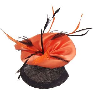 Oranje - zwarte haaraccessoire met satijn, tulle en veertjes