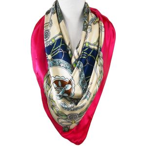 Ivoorkleurige sjaal met fuchsia-donkerblauw en kwasten print
