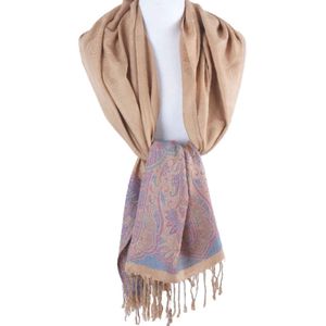 Beige pashmina sjaal met geweven paisley in lichtblauw