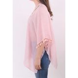 Roze kaftan met versierde hals en kwastenfranje