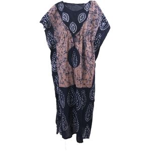 Katoenen kaftan in marineblauw met beige en batik print