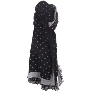 Fijn geweven sjaal in zwart met blokjes patroon in wit