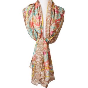 Zijde-blend sjaal in taupe met bloemenprint