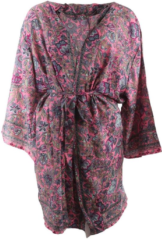 Korte zijde-blend kimono in zalmroze