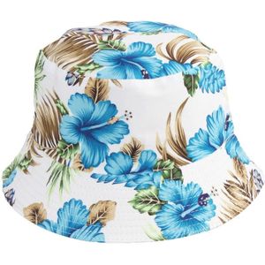 Ivoorkleurige zonnehoed met bloemenprint in blauw